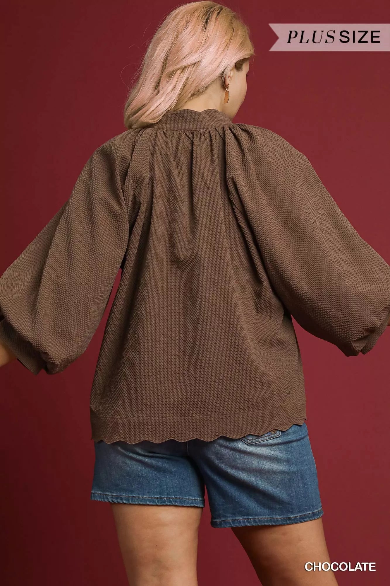 Umgee Full Size Textured Notched Balloon Sleeve Blouse Plus Size Trendsi