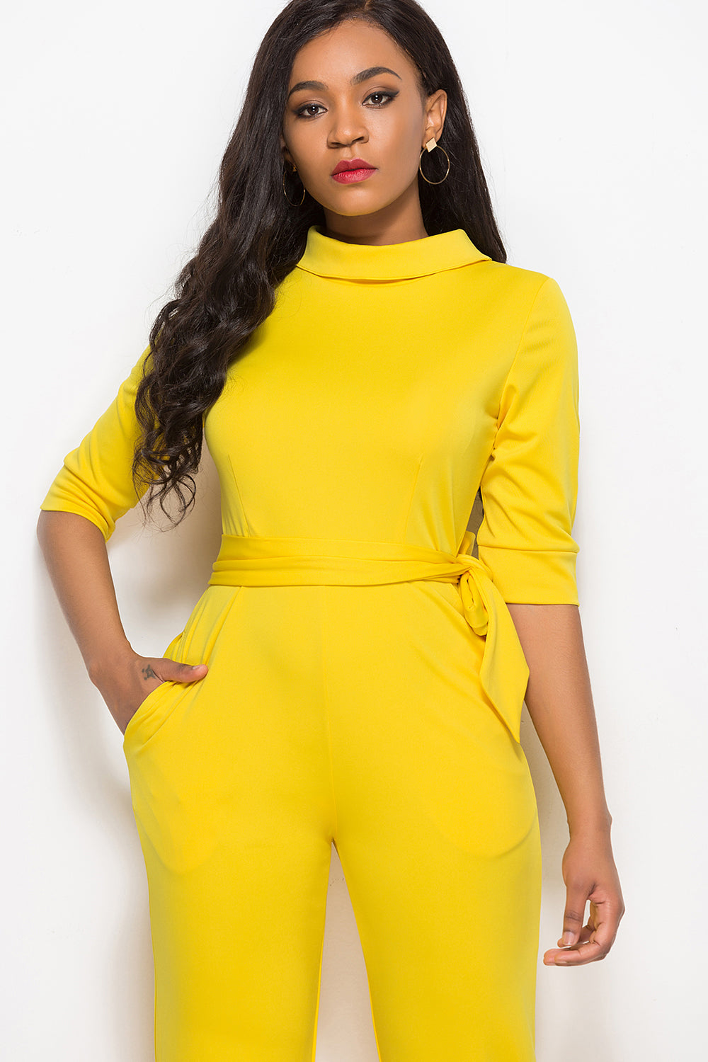 Outfit Flow - Mock Neck Tie-Waist Half Sleeve Jumpsuit