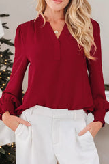 Notched Neck Shirred Cuff Long Sleeve Blouse Burgundy OutfitFlow