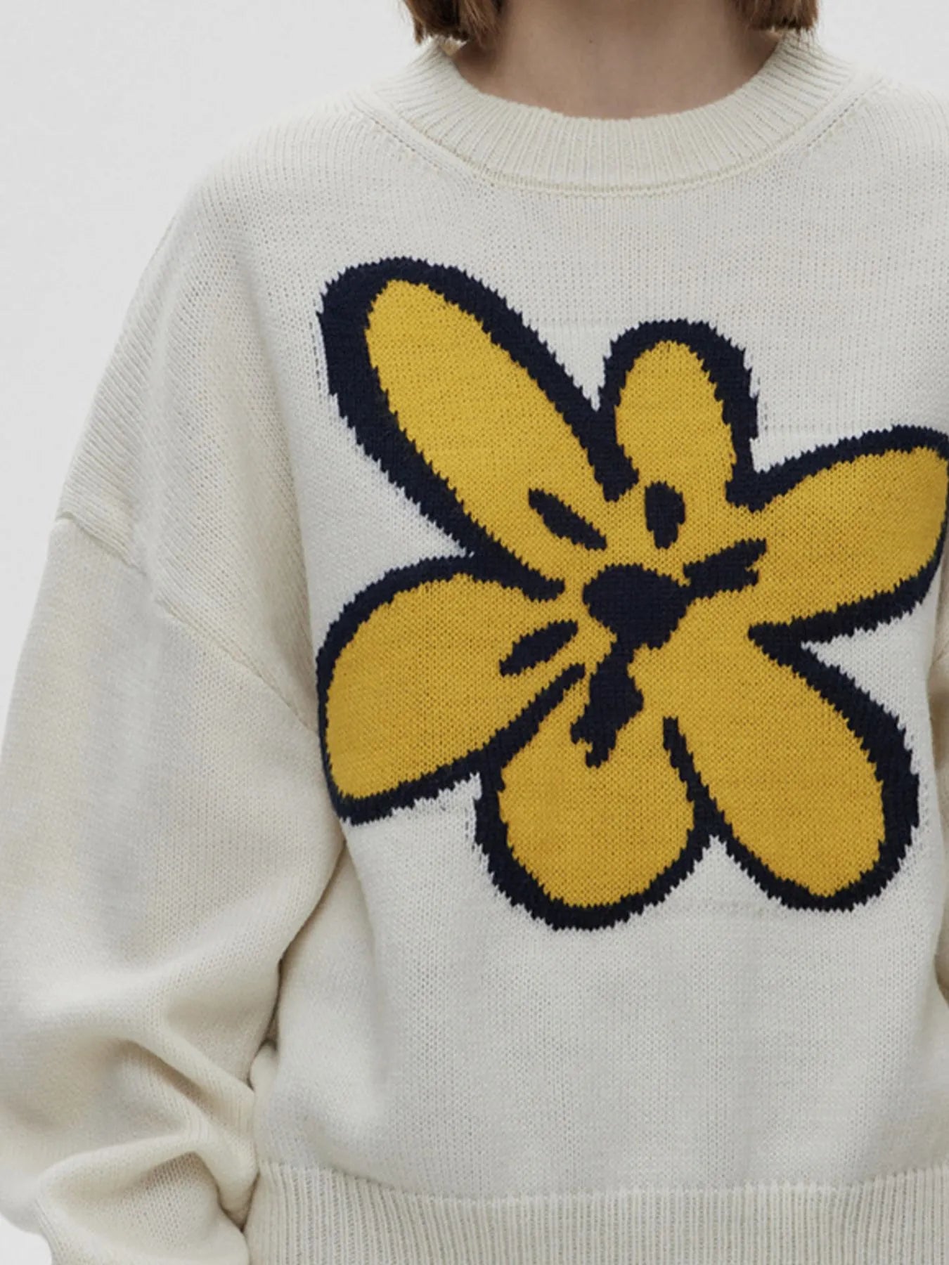 Flower Ribbed Hem Round Neck Sweater OutfitFlow