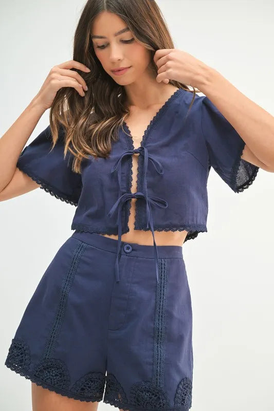 MABLE Crochet Lace Detail Crop Top and Shorts Set OutfitFlow