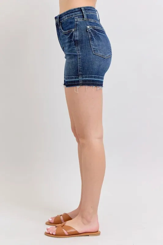 Judy Blue Full Size High Waist Tummy Control Destroy Release Hem Denim Shorts Plus Size OutfitFlow