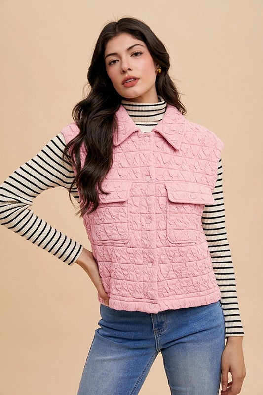 Annie Wear Texture Quilted Snap Down Vest Coat