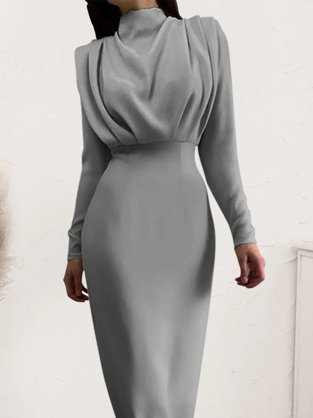 Ruched Turtleneck Long Sleeve Dress OutfitFlow