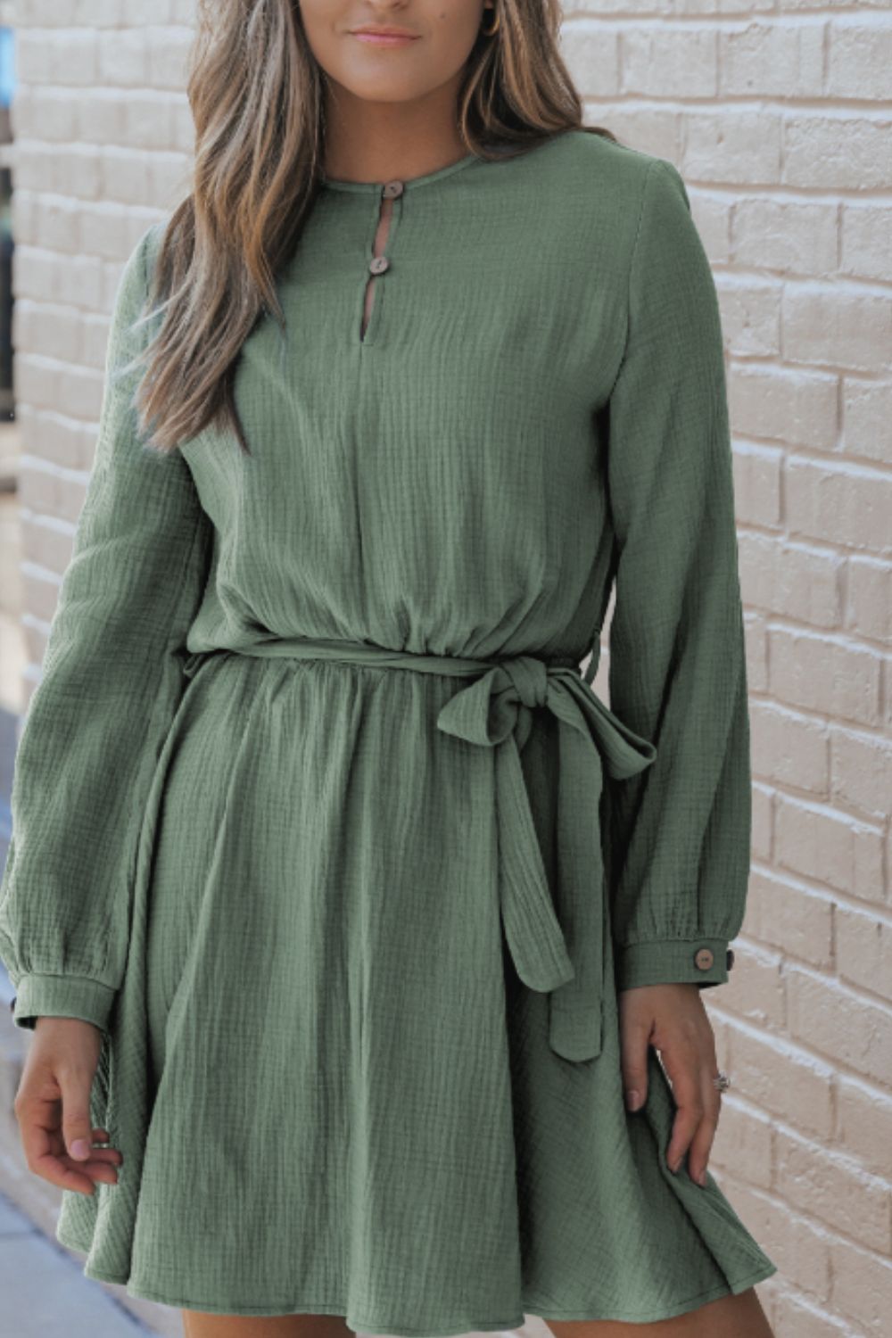 Outfit Flow - Round Neck Long Sleeve Tie Waist Dress