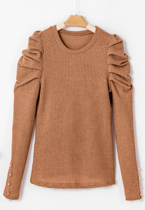 Decorative Button Round Neck Puff Sleeve Blouse OutfitFlow