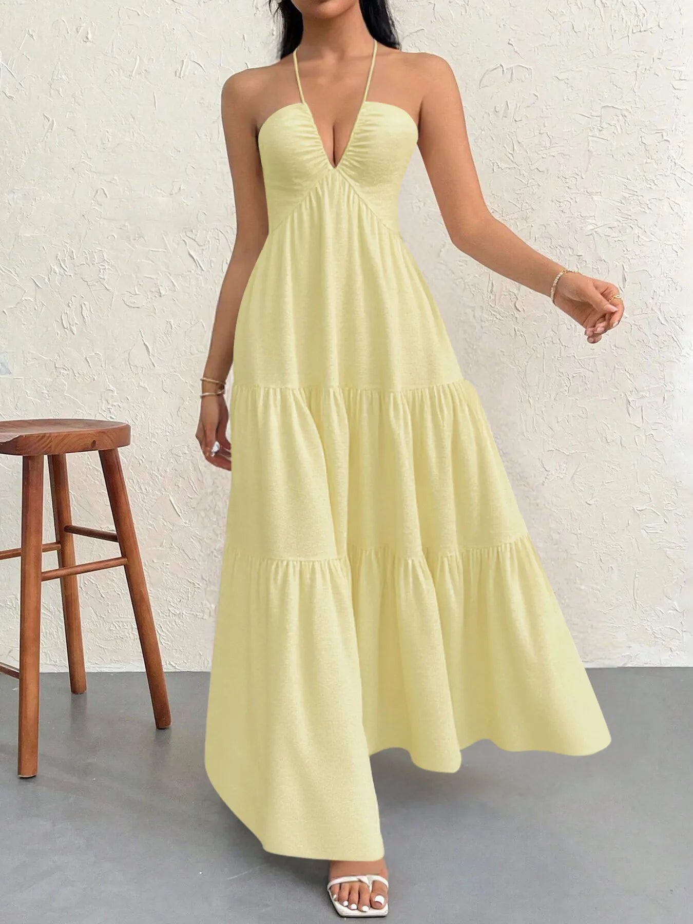 Halter Neck Tiered Maxi Dress Yellow OutfitFlow