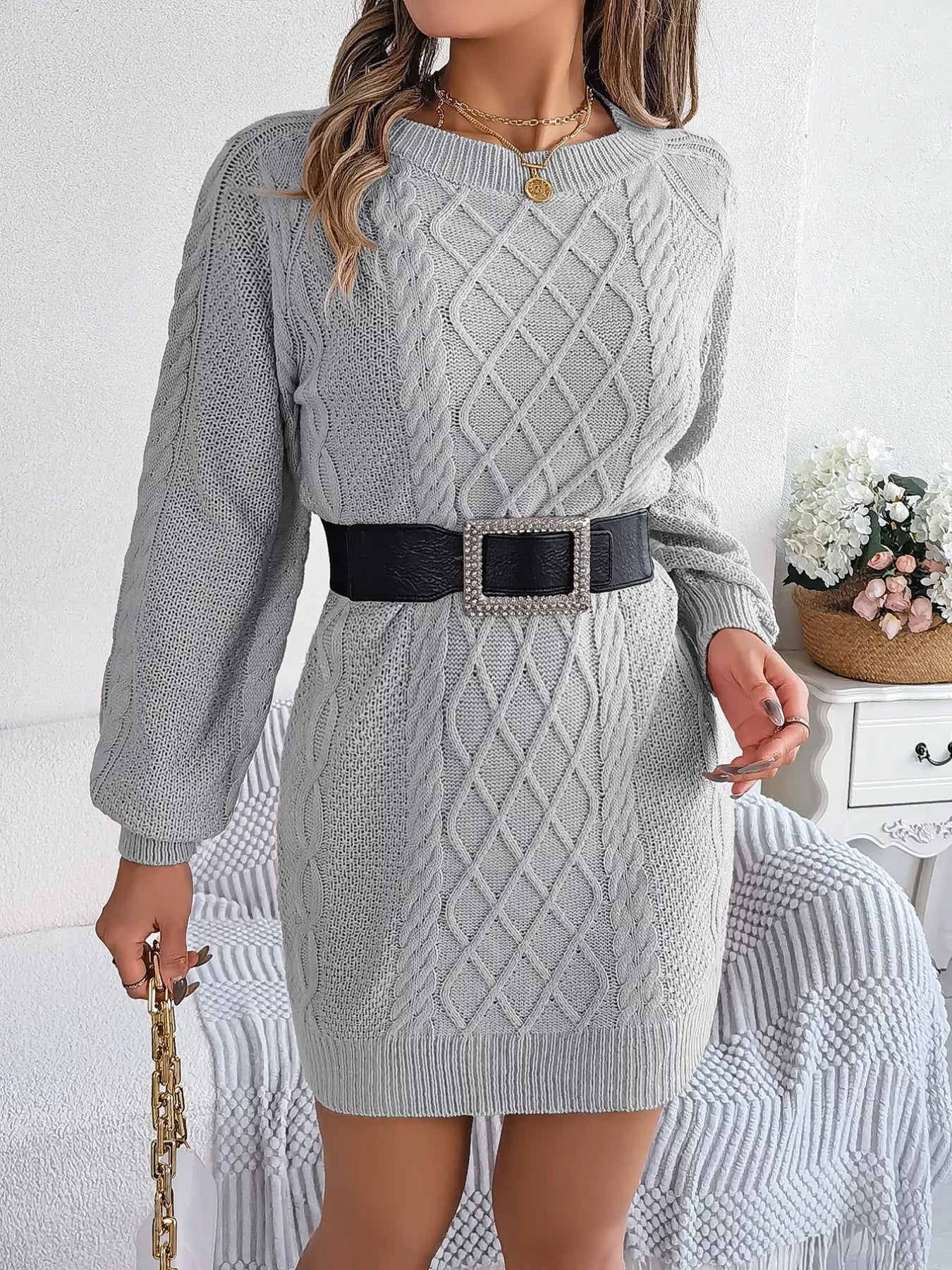 Diamond Cable Knit Sweater Dress with Long Sleeves OutfitFlow