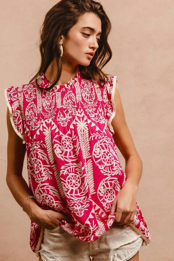 BiBi Printed Ruffle Sleeve Top OutfitFlow
