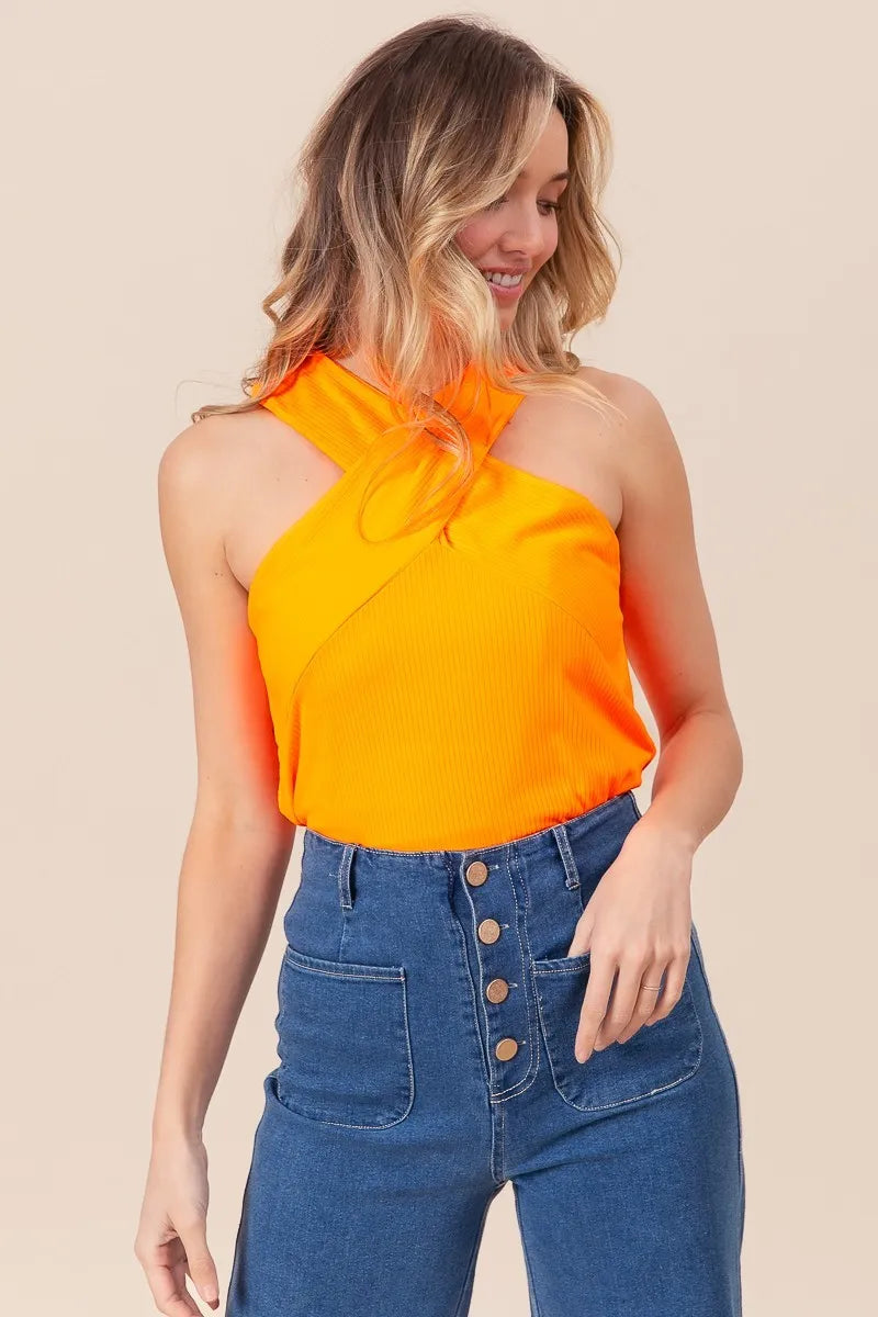 BiBi Rib Knit Cross Neck Banded Top OutfitFlow