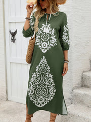 Side Slit Printed Tie Neck Dress OutfitFlow