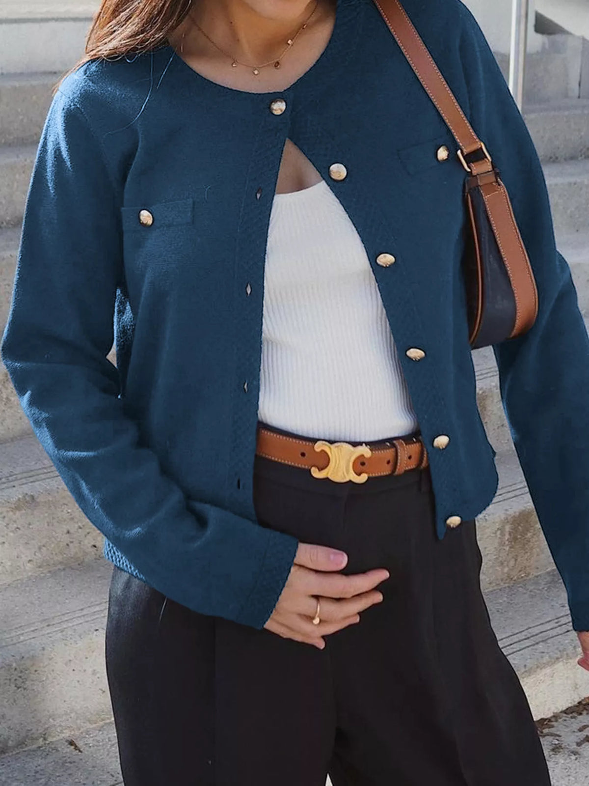 Button-Down Knit Cardigan Navy OutfitFlow