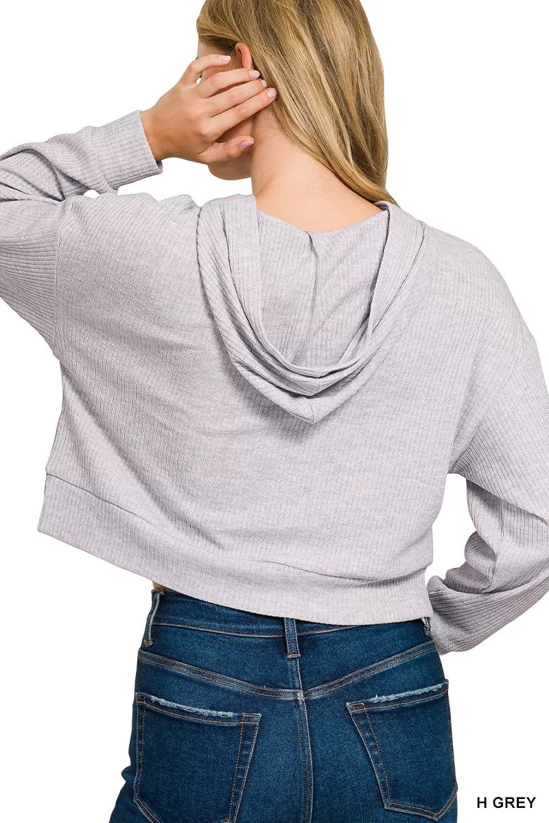 Zenana Drop Shoulder Ribbed Crop Hoodie OutfitFlow