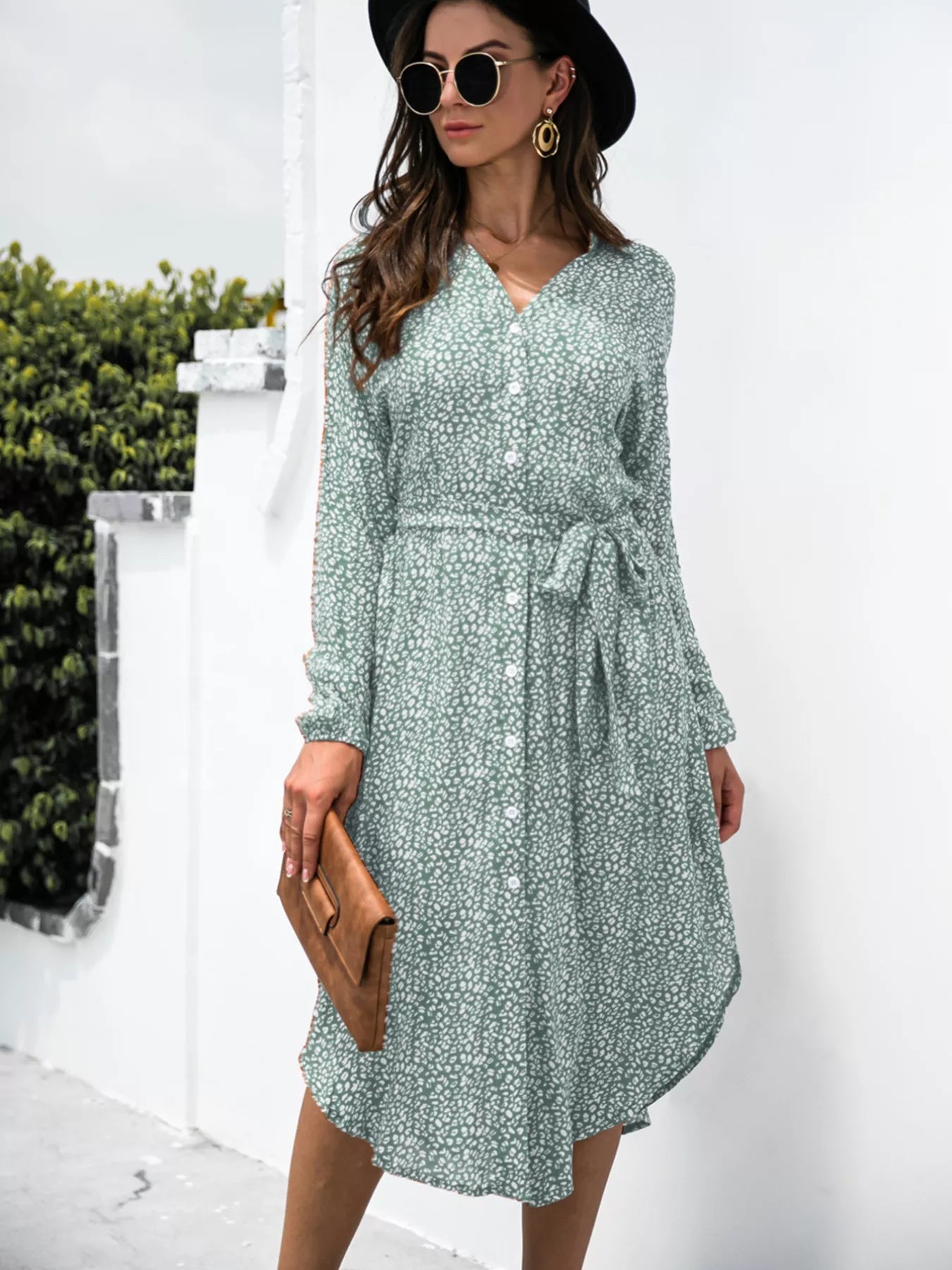 Button Down Printed Long Sleeve Shirt Dress OutfitFlow