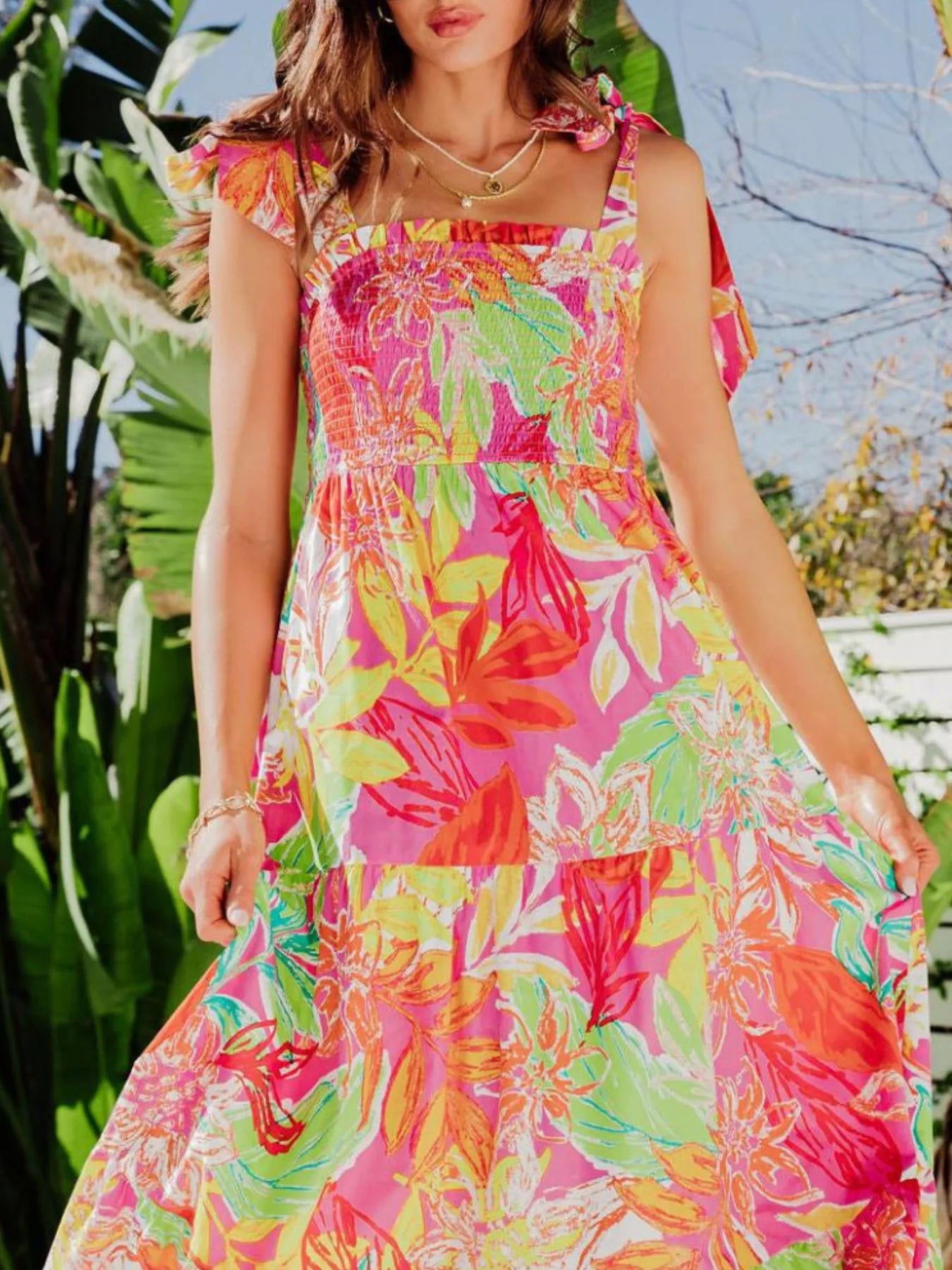 Tropical Print Tie Shoulder Maxi Dress OutfitFlow