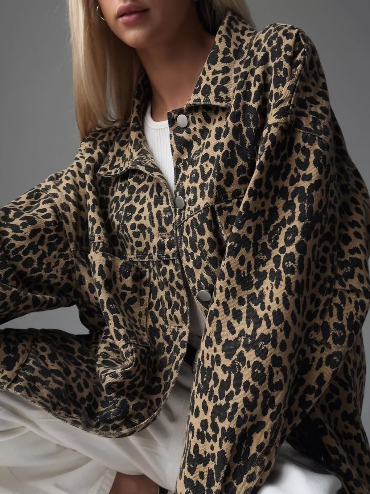 Leopard Button Up Long Sleeve Denim Jacket Leopard OutfitFlow