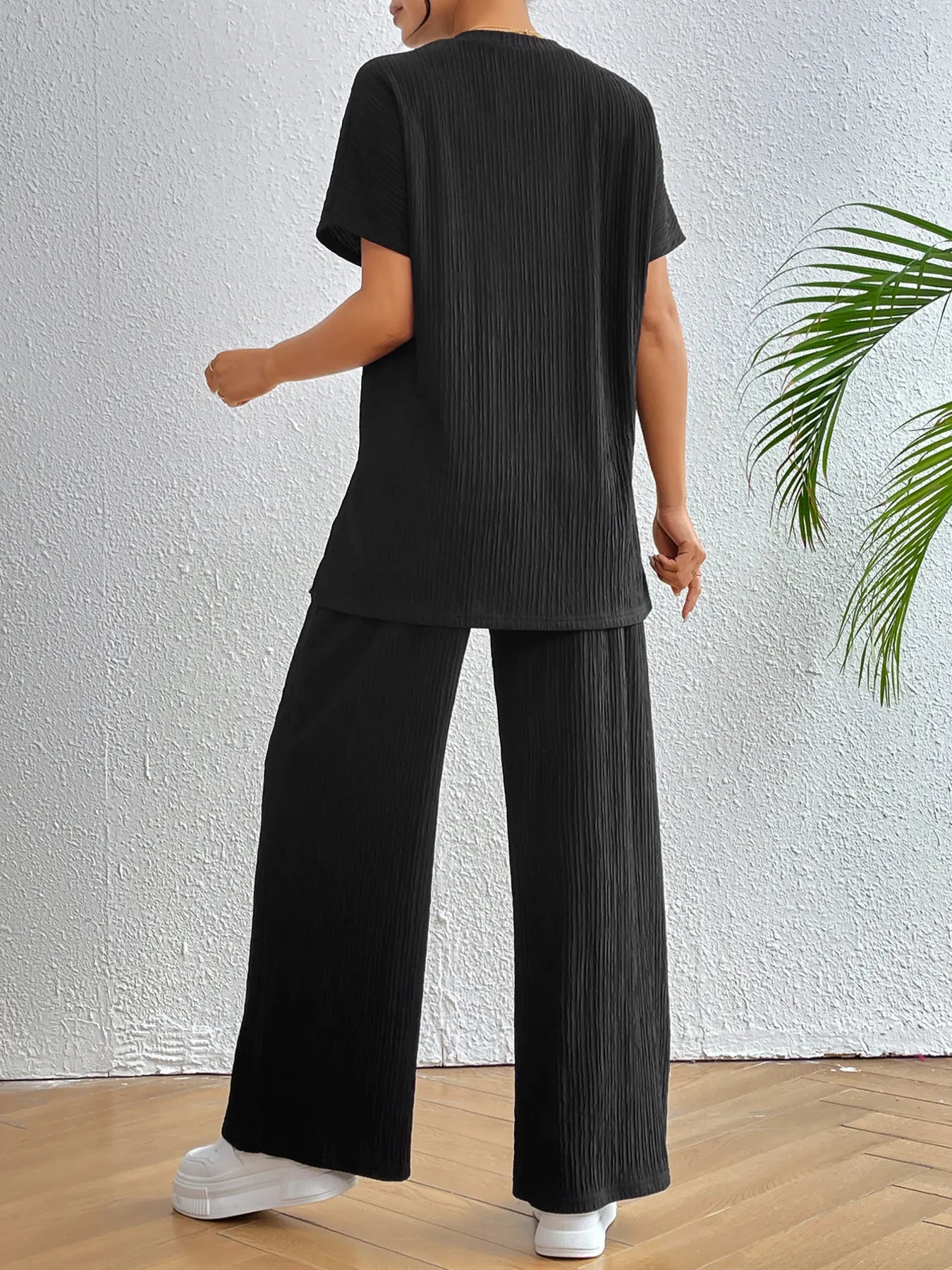 V-Neck Short Sleeve Top and Pants Set OutfitFlow