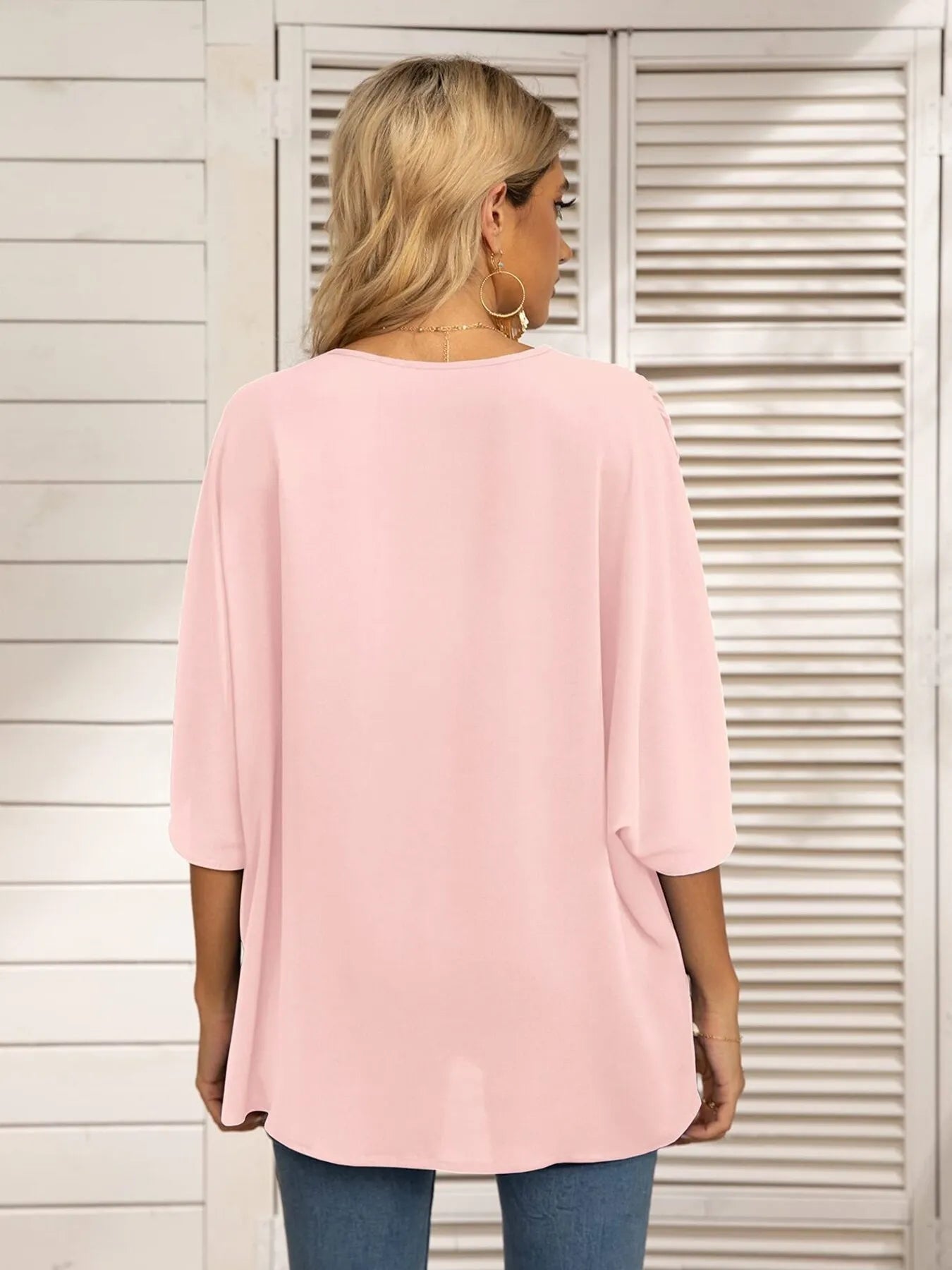 Oversized Contrast V-Neck Half Sleeve Blouse OutfitFlow