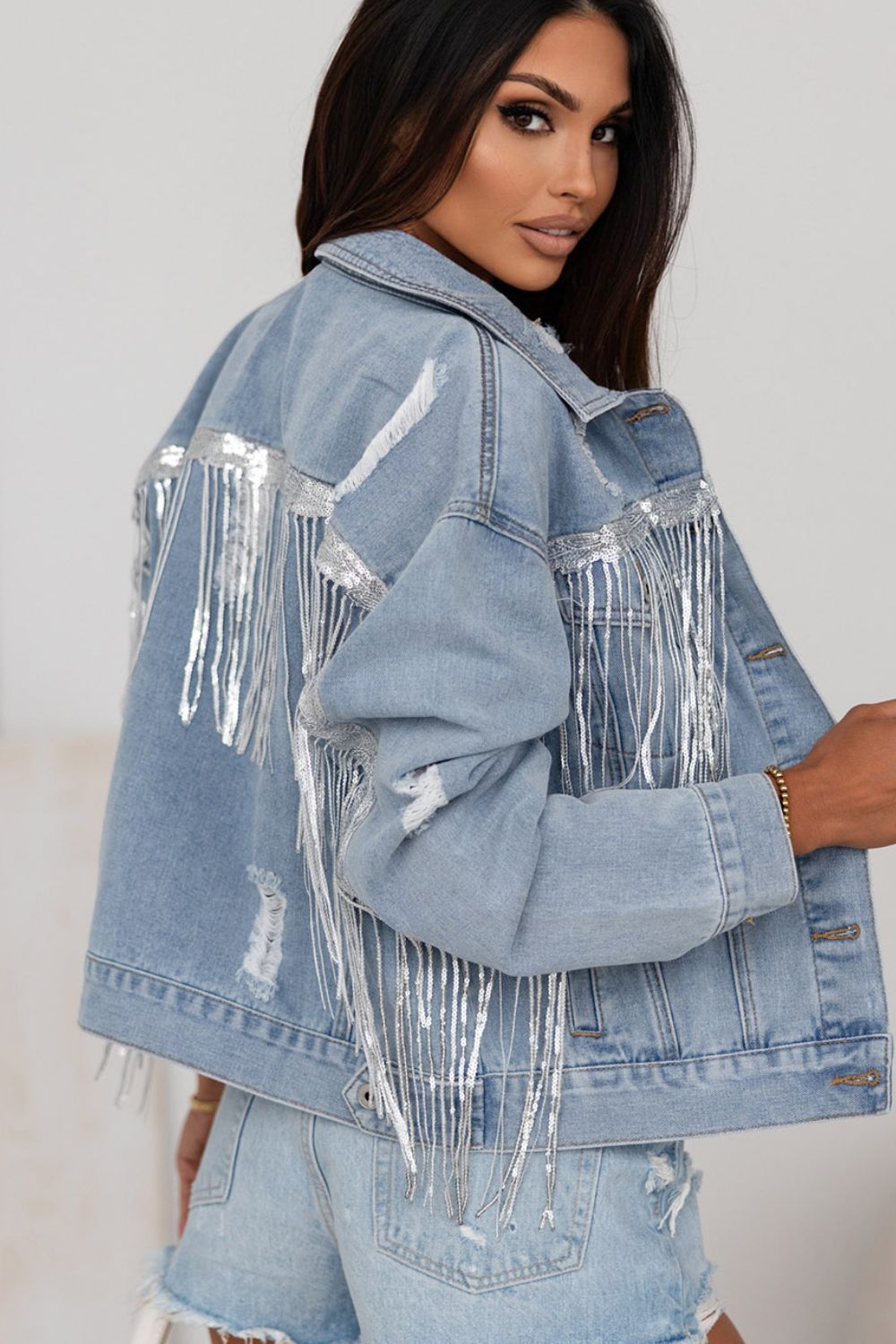 Outfit Flow - Sequin Fringe Trim Distressed Button Up Denim Jacket