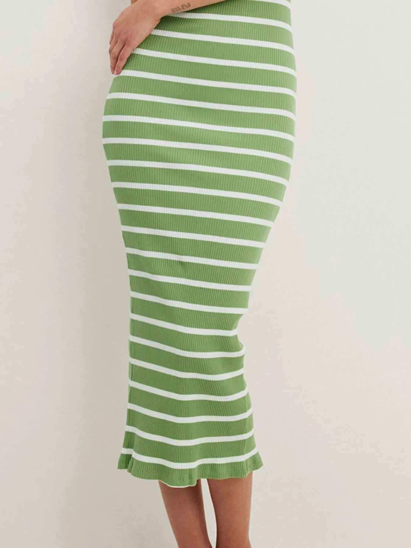 Slit Back Striped Strapless Bodycon Midi Dress OutfitFlow