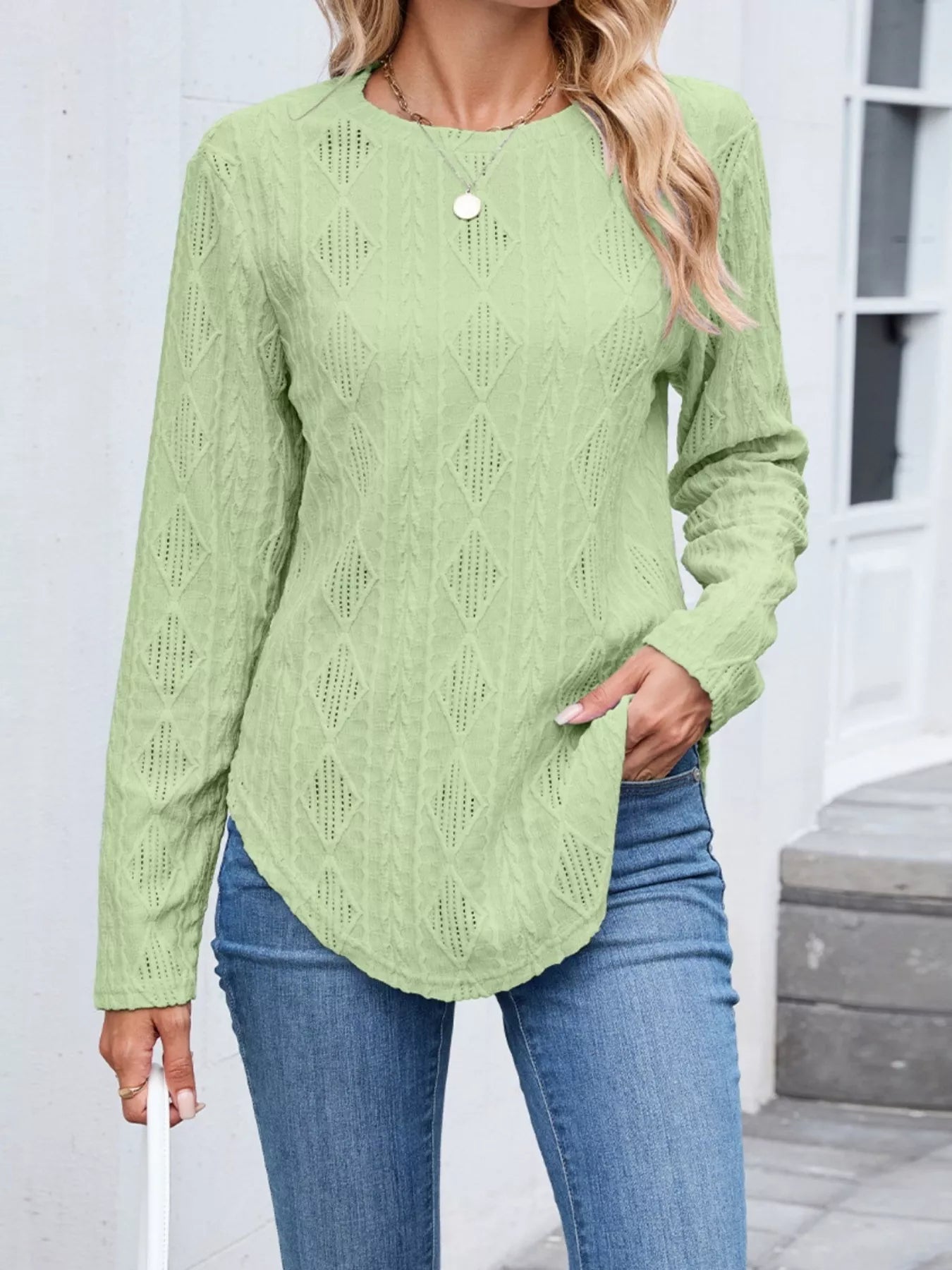 Diamond Pattern Knit Long Sleeve T-Shirt Trendsi