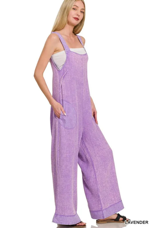 Zenana Double Gauze Washed Wide Leg Overalls OutfitFlow