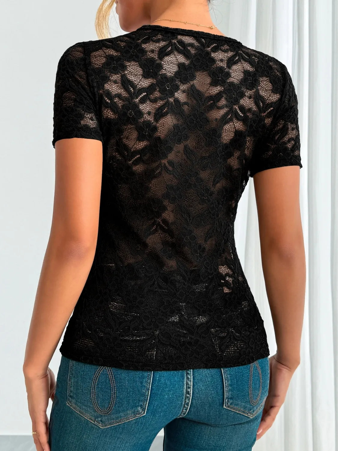Lace V-Neck Short Sleeve Top OutfitFlow