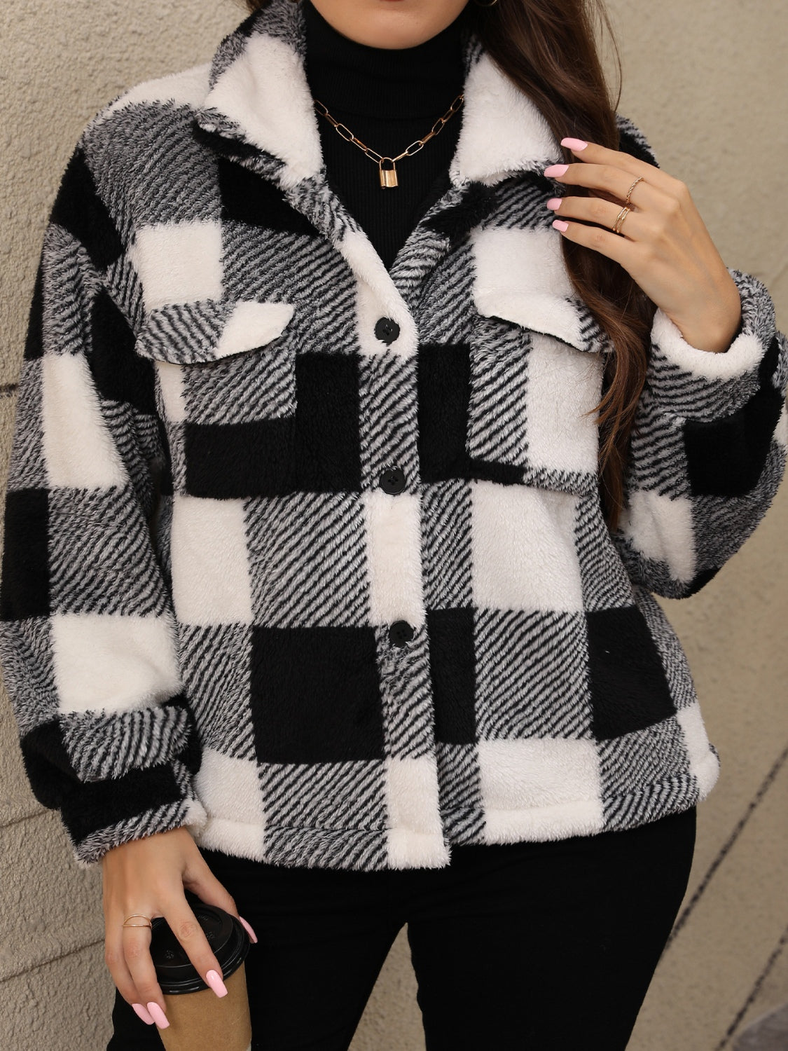 Outfit Flow - Plus Size Pocketed Plaid Collared Neck Jacket