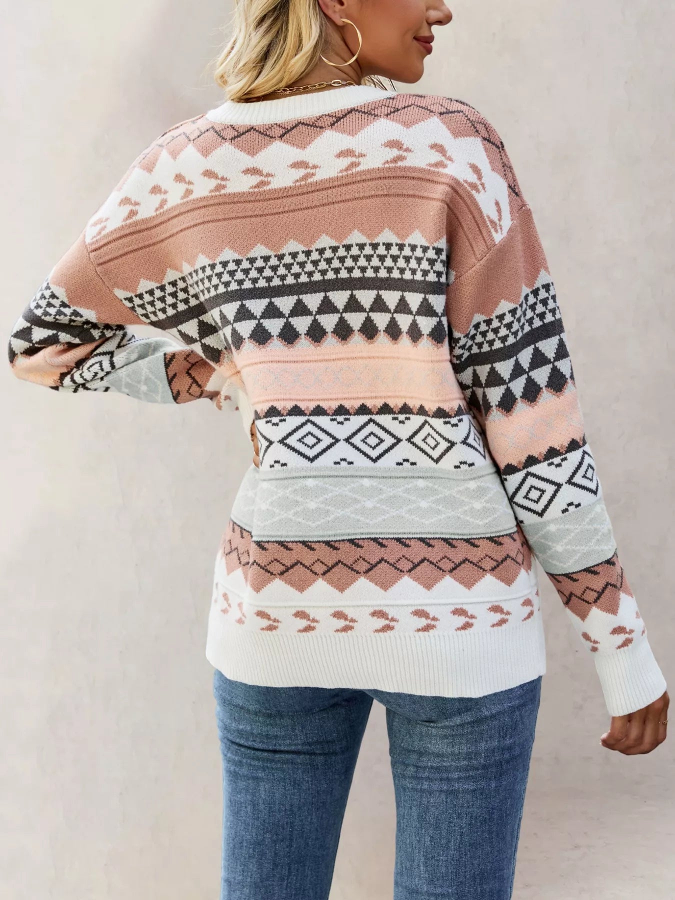 Geometric Pattern Round Neck Sweater OutfitFlow