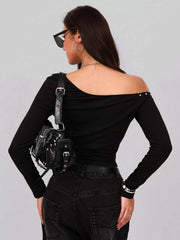 Studded One Shoulder Long Sleeve T-Shirt OutfitFlow