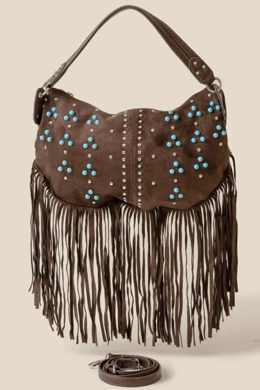Fame Studded Pattern Multi Fringe Hobo Shoulder Bag OutfitFlow