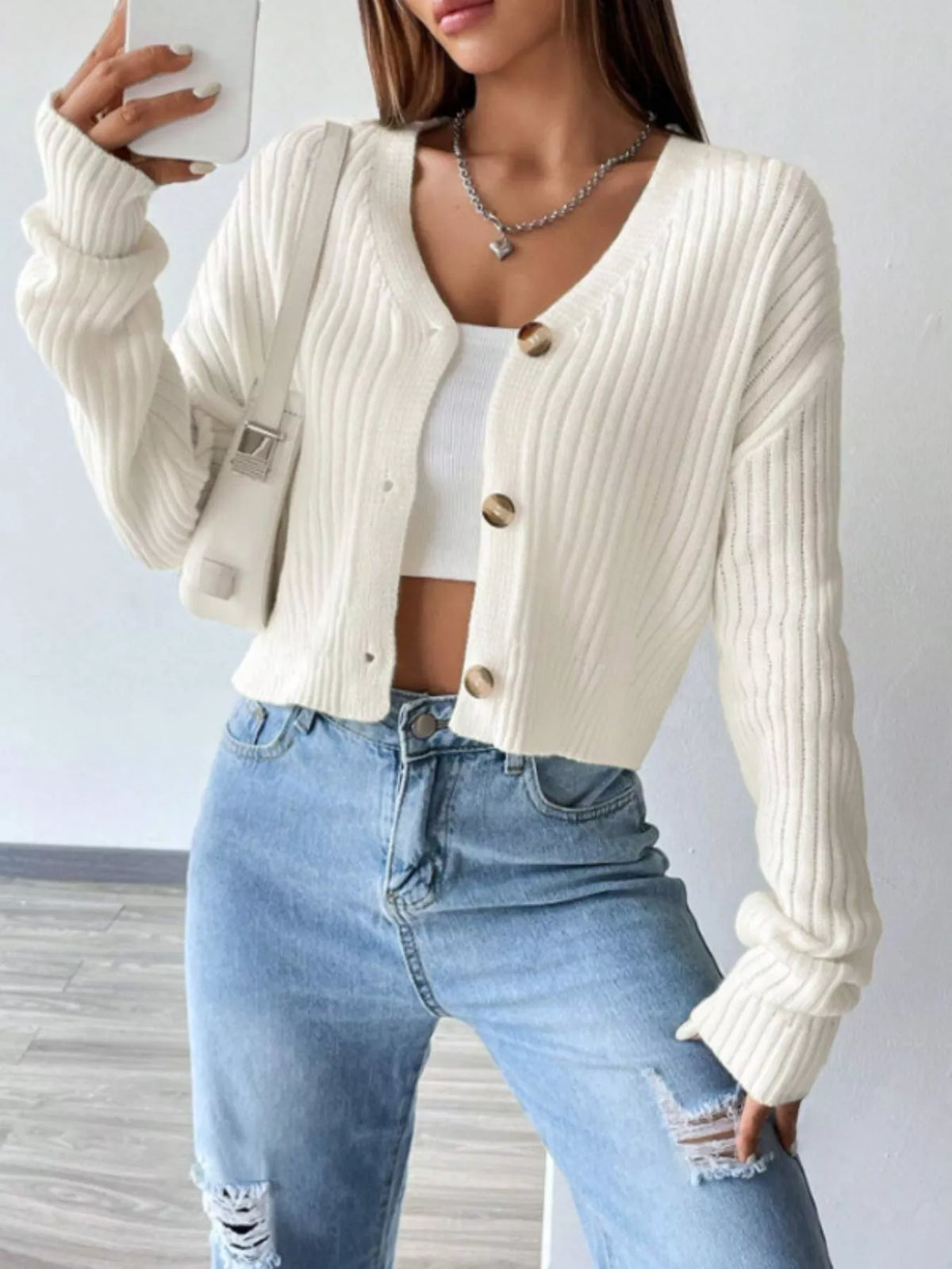 Ribbed Knit Button-Up Cropped Cardigan Cream OutfitFlow