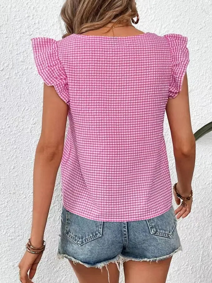 Ruffle Sleeve Gingham Square Neck Top OutfitFlow