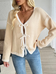 Tie-Front Long Sleeve Cardigan OutfitFlow