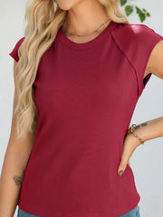 Round Neck Cap Sleeve T-Shirt Burgundy OutfitFlow