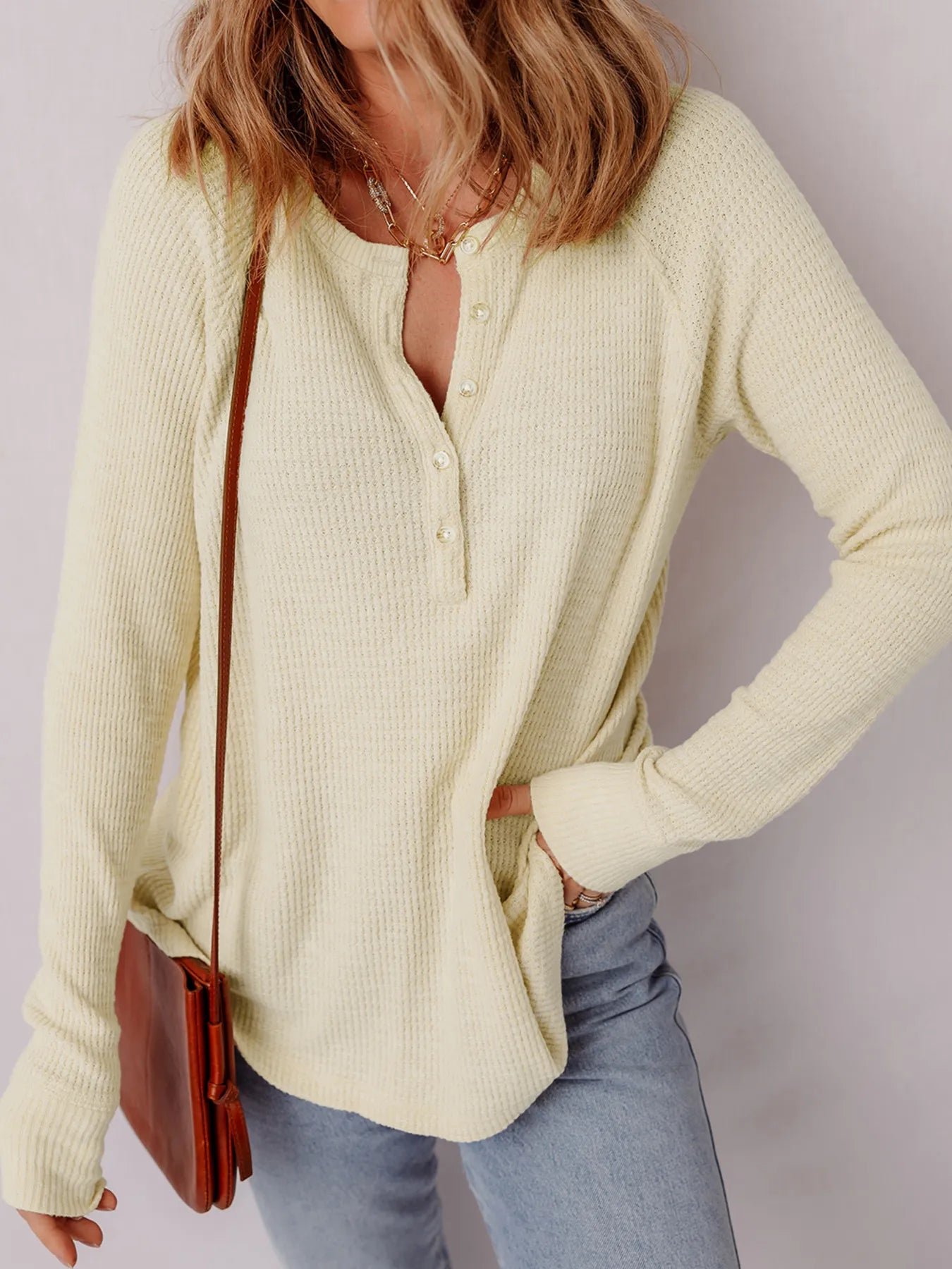 Textured Knit Half Buttons Henley Top OutfitFlow