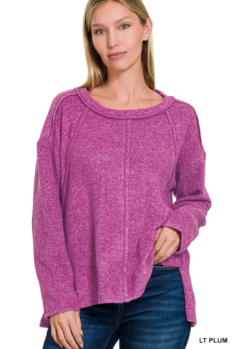 Zenana Brushed Hacci Exposed Seam Hi Low Sweater LT PLUM OutfitFlow