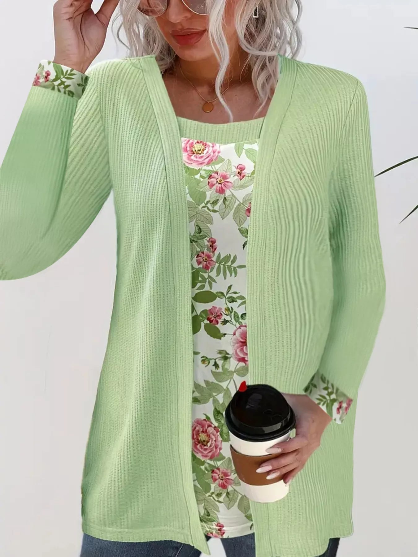 Floral Print Casual Fake Two Piece Top OutfitFlow