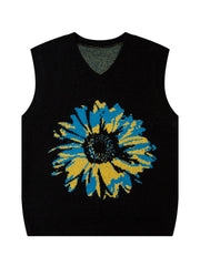 Men's Floral V-Neck Sweater Vest Black Trendsi