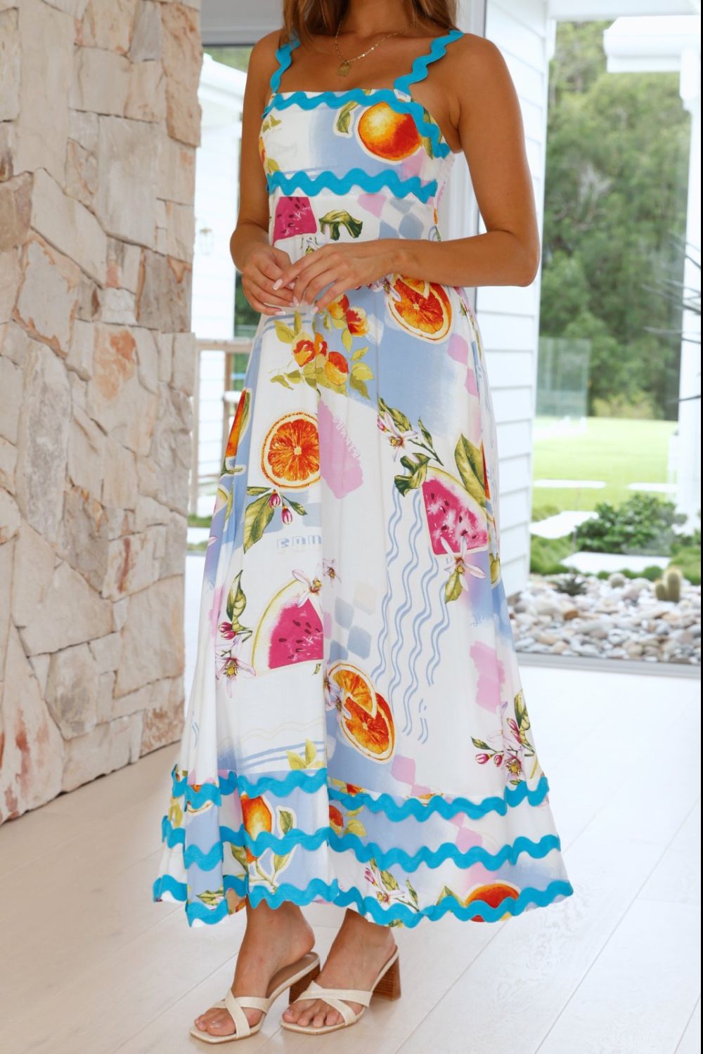 Printed Square Neck Wide Strap Dress Multicolor OutfitFlow