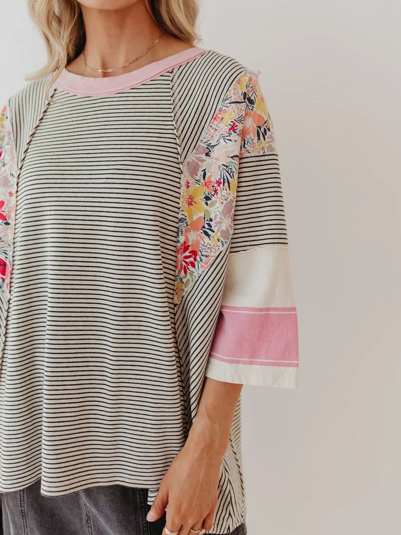 Striped Floral Long Sleeve T-Shirt OutfitFlow