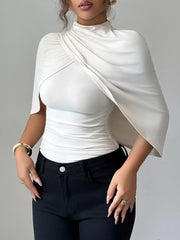 Ruched Mock Neck Shawl Half Sleeve Top OutfitFlow