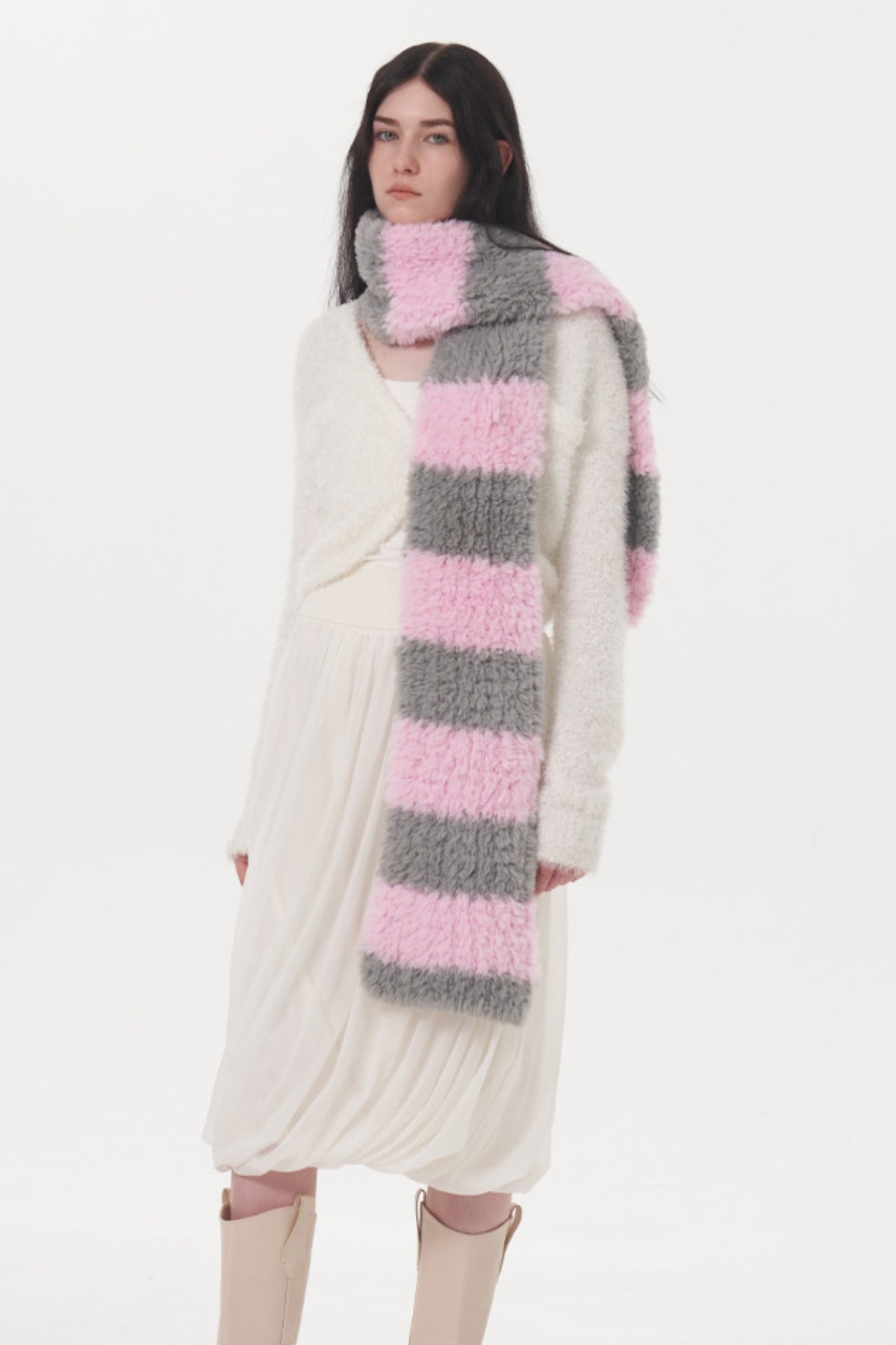 Fuzzy Contrast Striped Scarf Pink One Size OutfitFlow