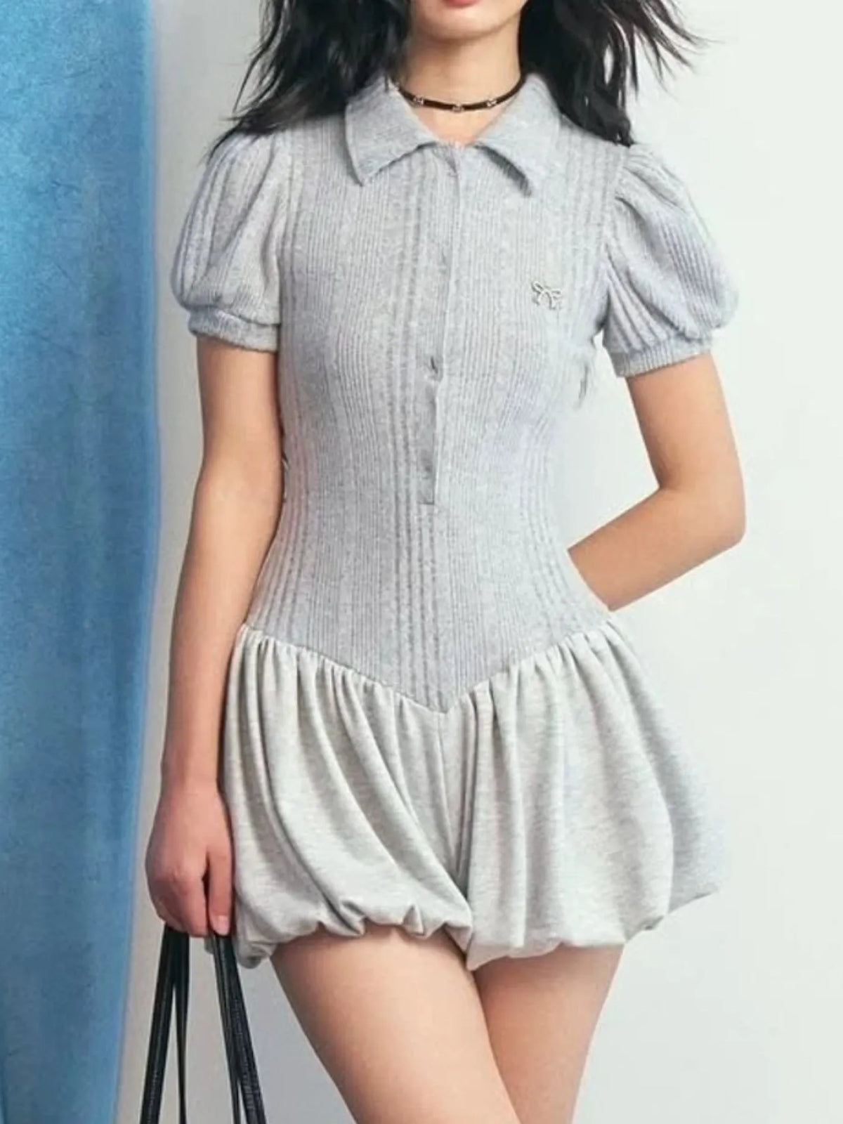 Short Sleeve Bubble Hem Mini Dress Grey OutfitFlow