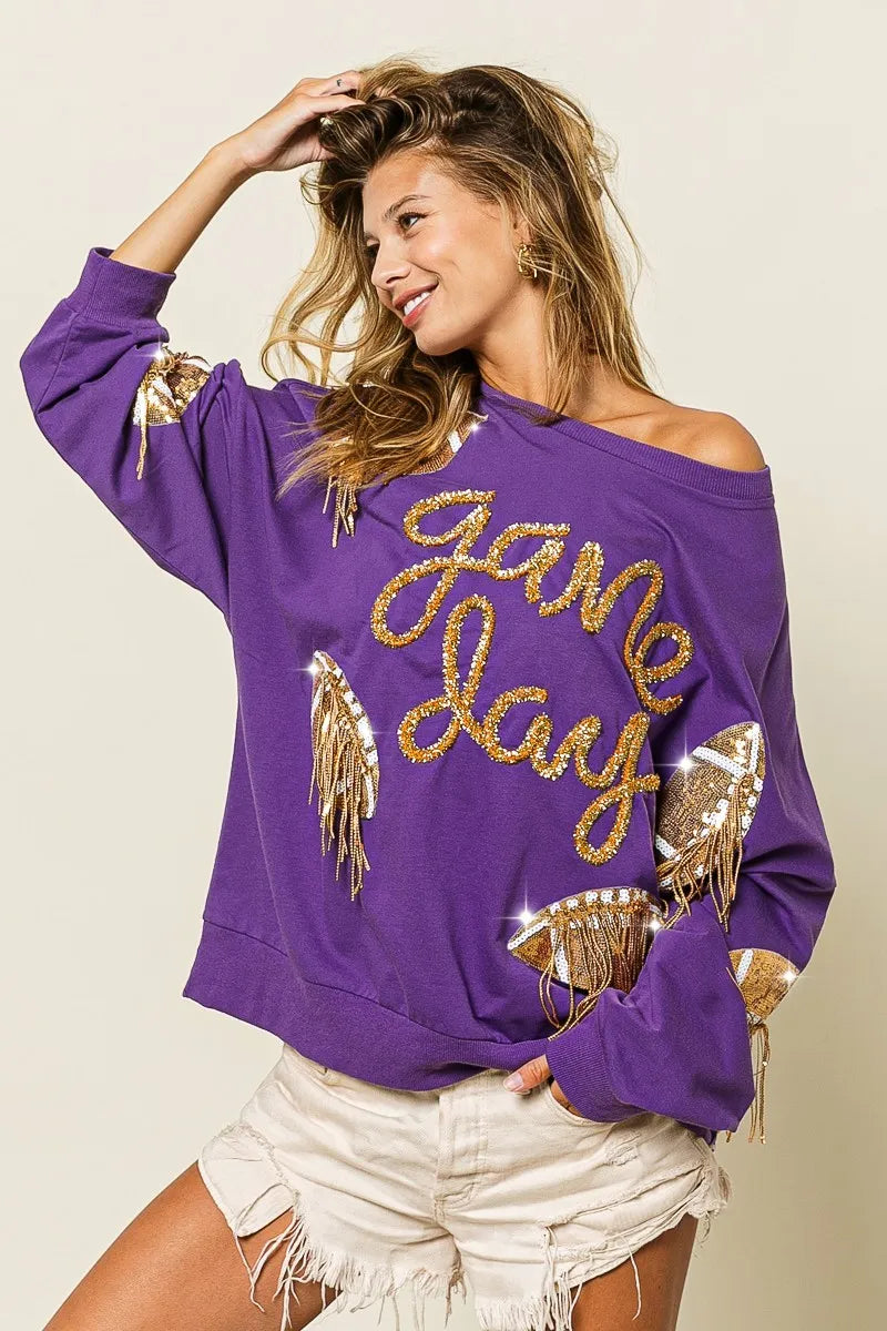 BiBi Sequin Football Patches Game Day Sweatshirt OutfitFlow