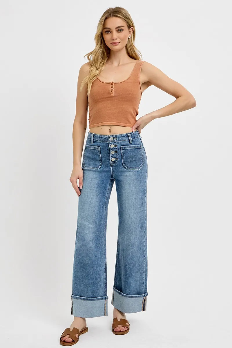 RISEN High Rise Ankle Wide Button Patch Pocket Cuffed Jeans OutfitFlow