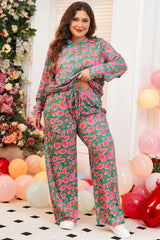 Plus Size Printed Round Neck Long Sleeve Top and Pants Set