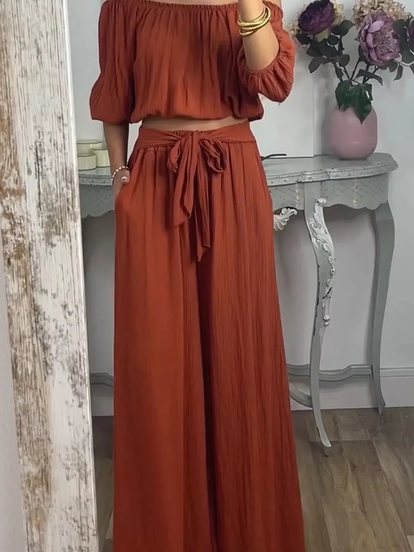 Full Size Off-Shoulder Top and Pants Set Plus Size OutfitFlow