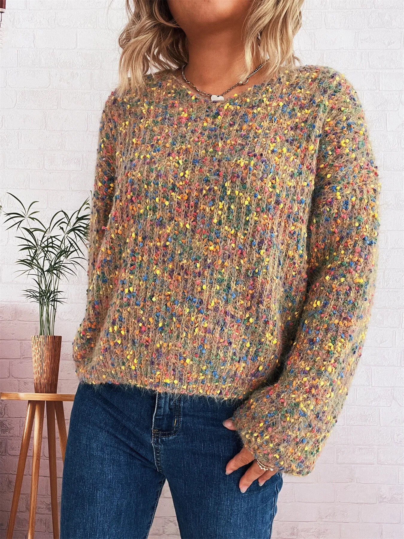 Colorful Long Sleeve Sweater Khaki One Size Trendsi