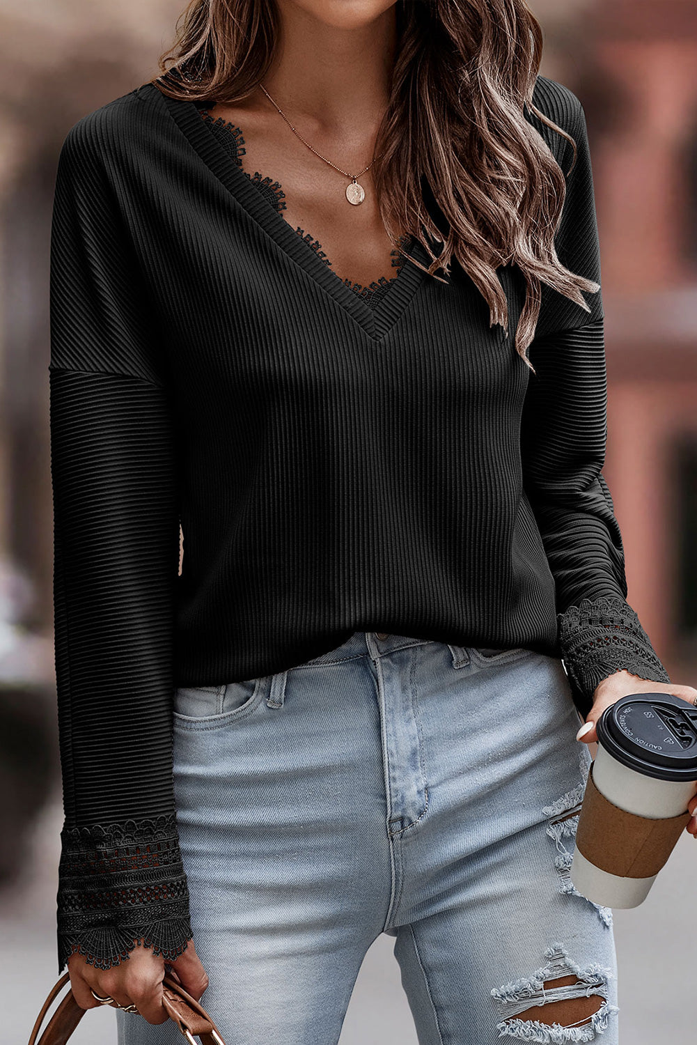 Outfit Flow - Lace Detail V-Neck Long Sleeve T-Shirt